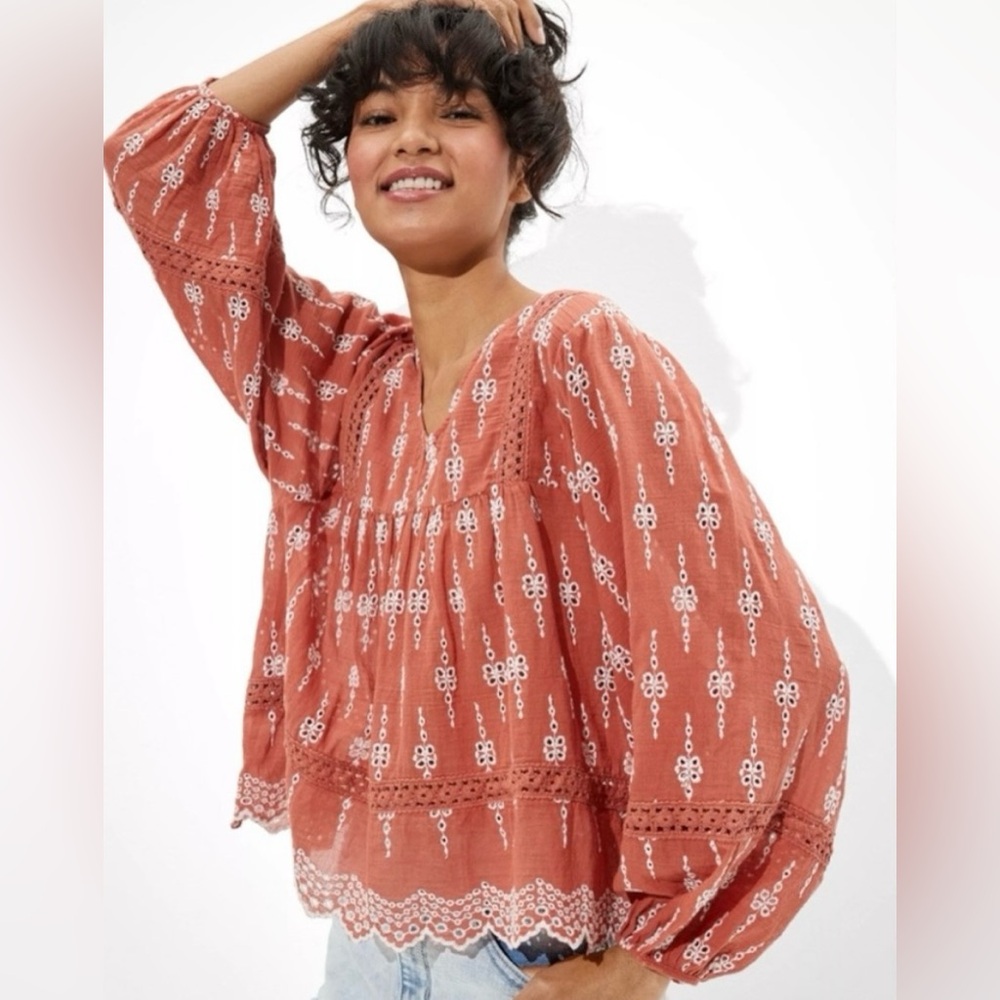 American Eagle Eyelet Boho Babydoll Top